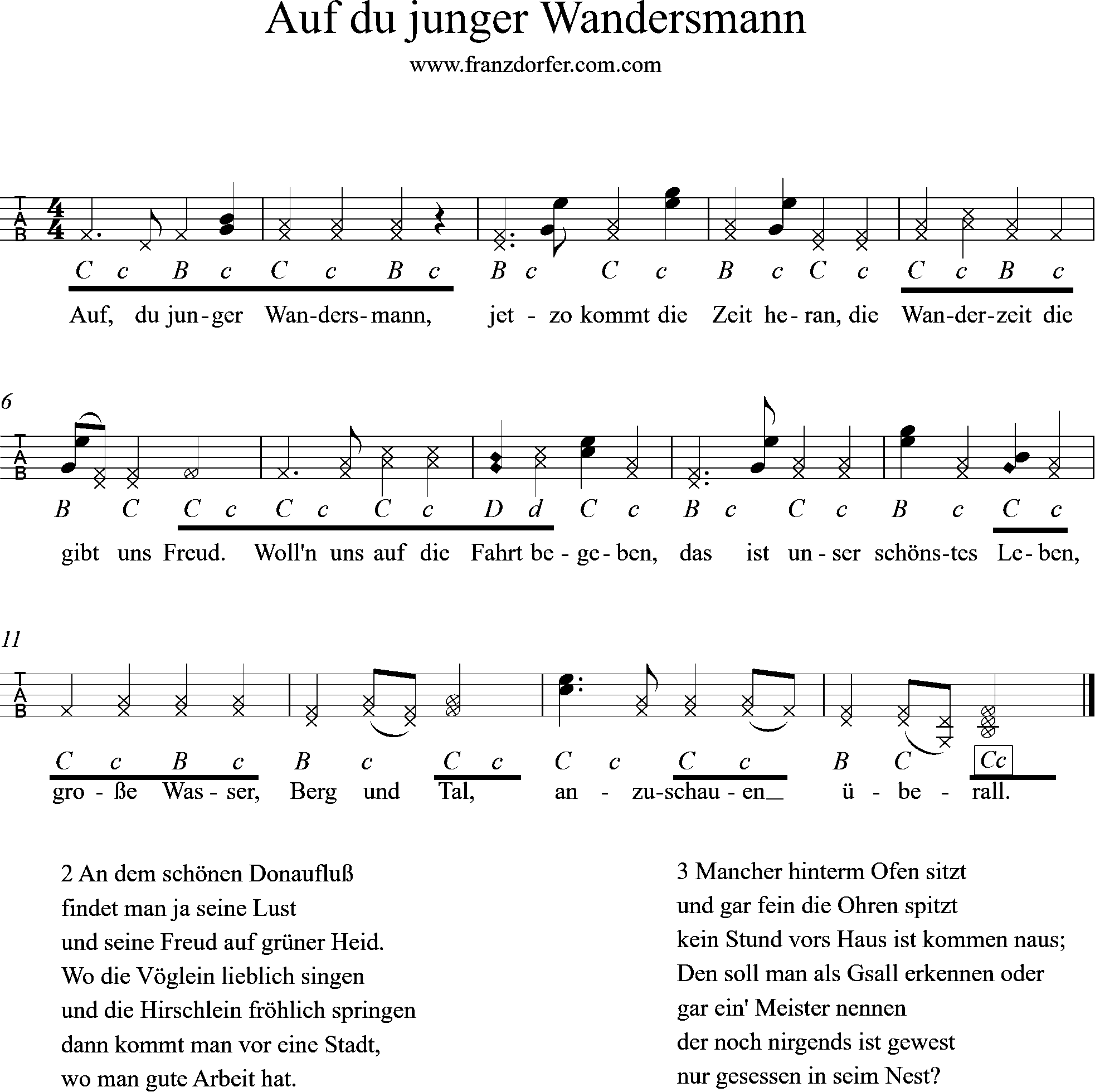 Ziachnoten, Auf du junger Wandersmann-griffschrift